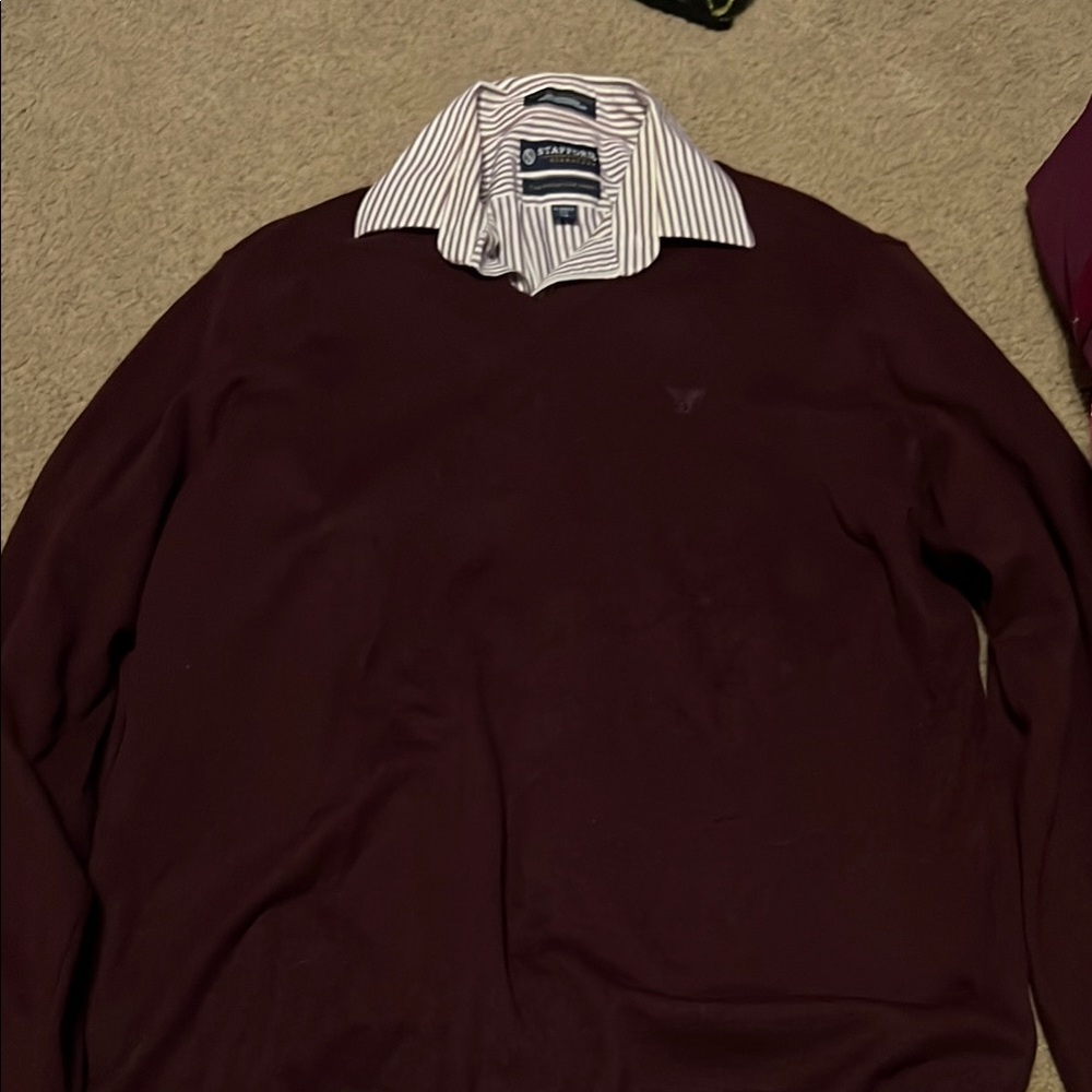 American Eagle Outfitters Maroon Sweater with Striped Collar